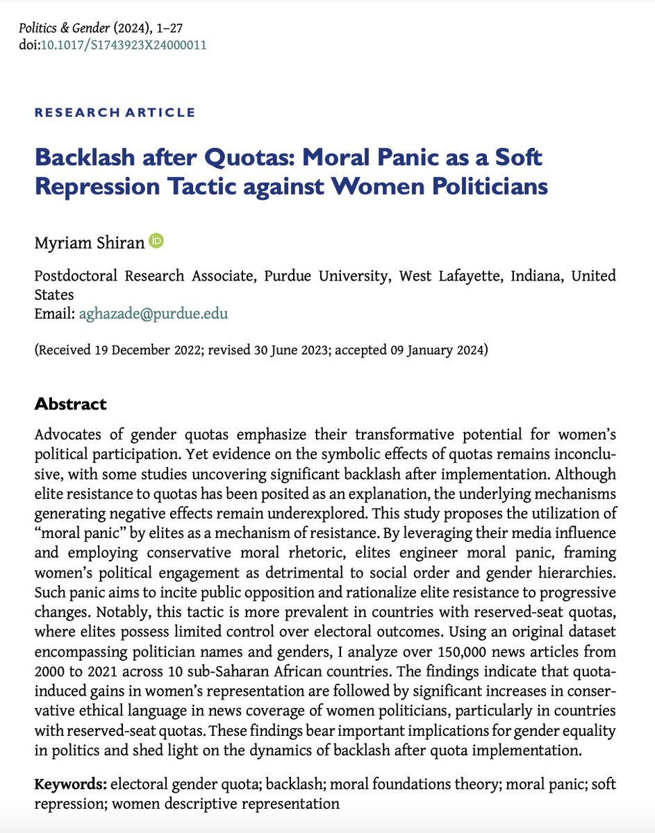 📣 Out on #FirstView &amp; #OpenAccess 📣
<a href="/MyriamShiran/">Myriam Shiran</a> investigates backlash against gender quotas as conservative moral rhetoric in news coverage in sub-Saharan Africa in "Backlash after Quotas" cambridge.org/core/journals/…