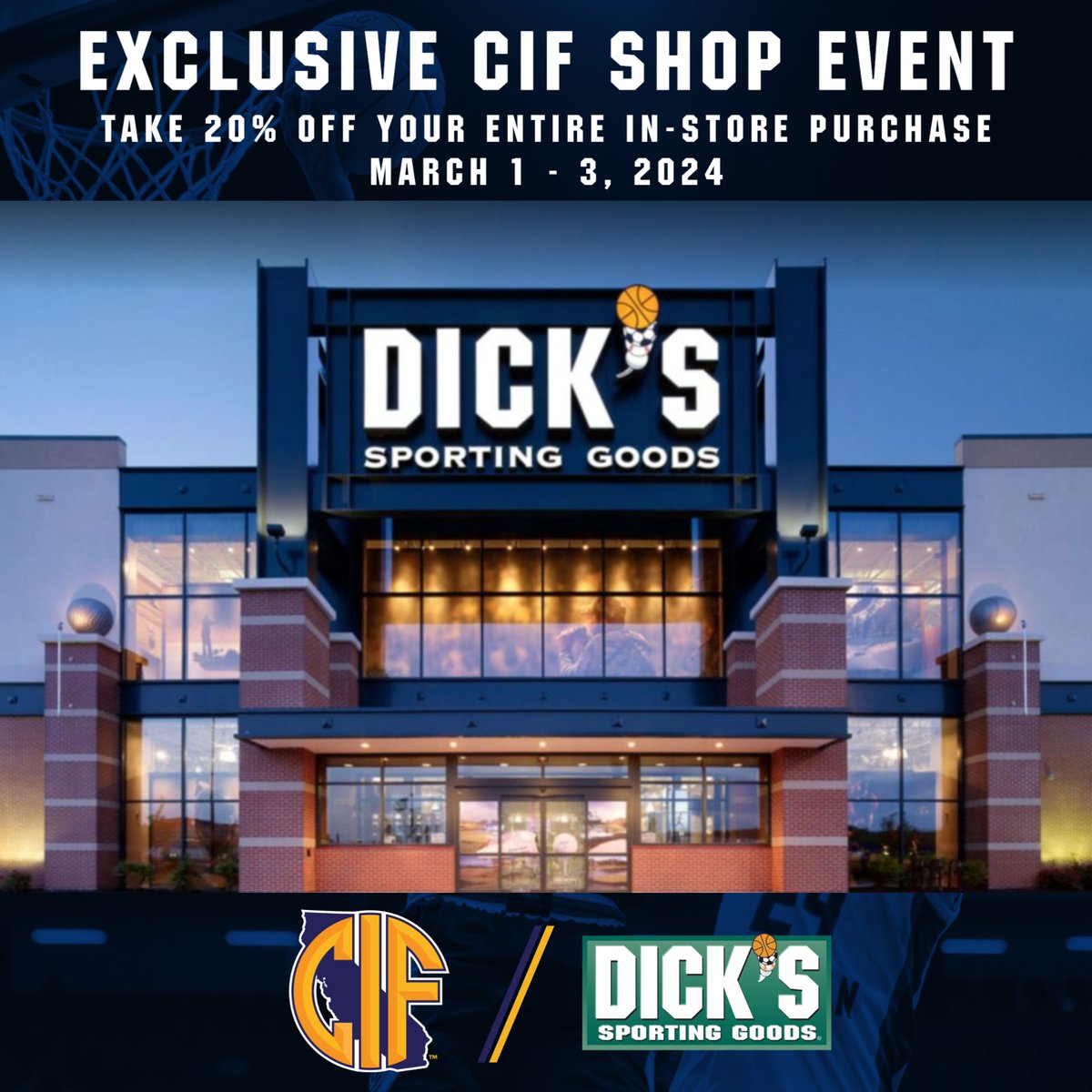 Starting FRIDAY!🎉DICK’S Sporting Goods is offering CIF member schools an exclusive discount of 20% off your entire purchase in ALL California stores through March 3rd! Exclusions may apply; click here for the exclusive CIF offer: bit.ly/3uFr3ZQ