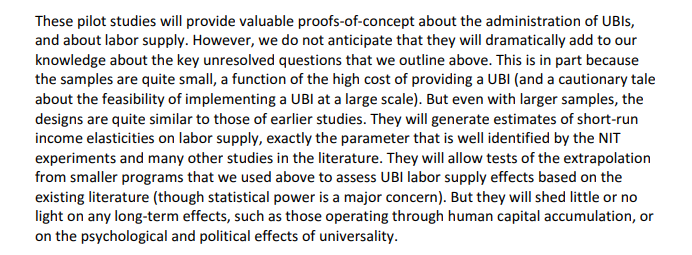 '[More pilots] will shed little or no lighton anylong-term effects, suchas those operating through human capital accumulation, or on the psychological and political effects of universality.' -@HilaryHoynes & @rothstein_jesse