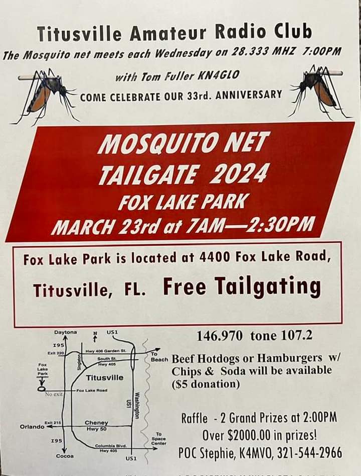 FlawdKeef's tweet image. Later this month lots of prizes raffle tickets n presence required.  Awesome time every year.. #TARC #MosquitoNet #Tailgate #HamRadio #Brevard #Titusville #AmateurRadio #Foxlake