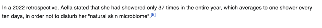 natehak's tweet photo. @roving_sign never heard of this person until now but this sentence on wikipedia puts a pretty low ceiling of my opinion on her. i have to filter every opinion she has with "this person was willing to give up regular hot showers". who doesn't like a hot shower? https://t.co/AyNVWIcmb0