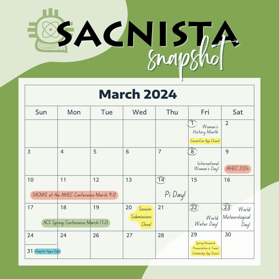 The March #SacnistaSnapshot is here! See what's in store for SACNAS:

🔗CareerCon App closes TONIGHT, 3/1
📅 Session Proposals closes on 3/20
🧪 Research Presentation &
✈️ Travel Scholarship App closes 3/29
📜 SACNAS Chapter (Quarter 1) App closes 3/31
💢 LPSLI App closes 4/12