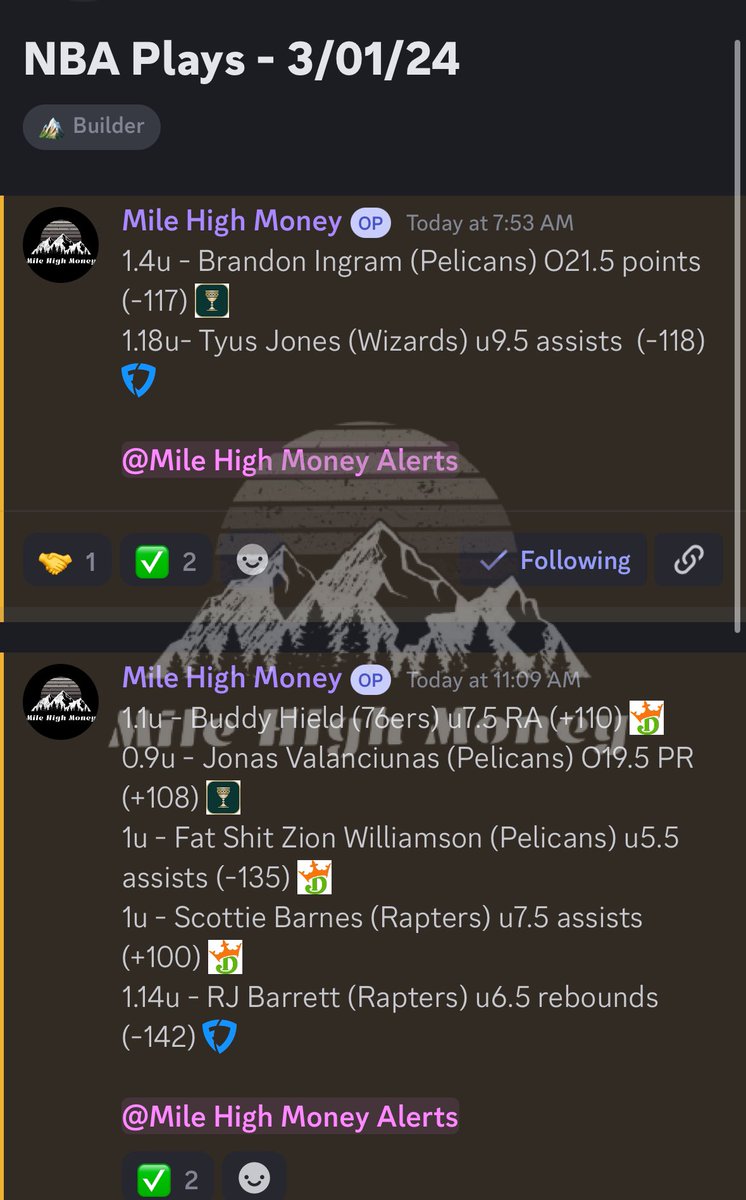 MileHighMoney_'s tweet photo. 🚨NBA Plays - 3/01🚨
After a meh February, but still green, let’s get this month off on the right footing. Full card below. The lotto as always played at 0.2u. Using the DK 50% boost.
Lotto tail link: https://t.co/Yfks5eYPQT
#NBA #GamblingX #FreePocks https://t.co/LddaU00XbB