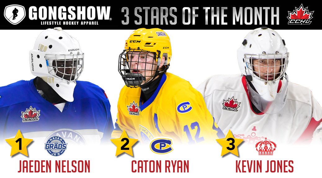 The Central Canada Hockey League is pleased to announce the @GongshowGear three stars of the month for February are…🎉 ⭐️ Jaden Nelson (@GradsHockey) ⭐️⭐️ Caton Ryan (@CPCANADIANS) ⭐️⭐️⭐️ Kevin Jones (@PLKingsCCHL) 🗞️ | thecchl.ca/gongshow-gear-… 📸 | icelevel.com