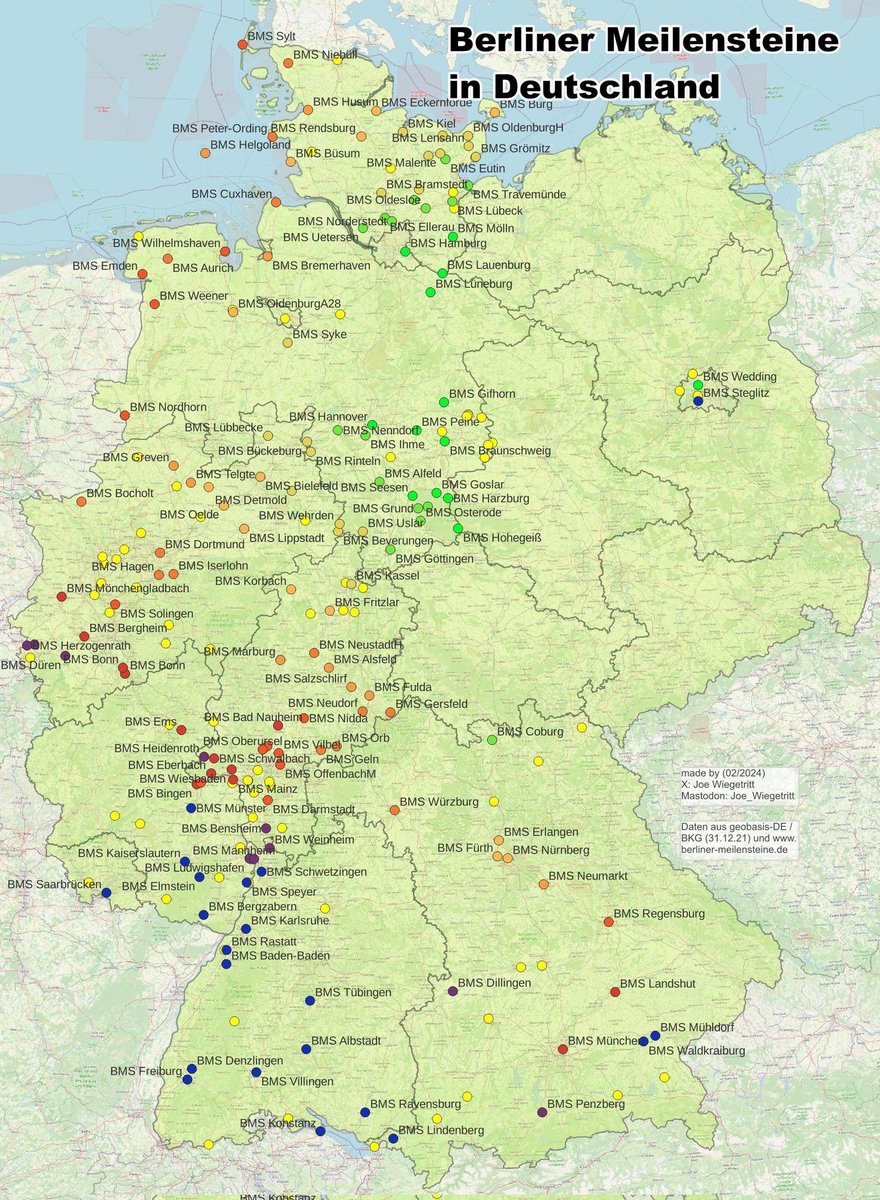 JWiegetritt's tweet photo. (2) Es gibt weit über 200 #BerlinerMeilenstein in Deutschland. In dieser #QGIS Karte besitzen gelb ausgeprägte Punkte keine Kilometer-Angaben. Bei den anderen Steinen gilt: Je dunkler, desto weiter sind sie von #Berlin entfernt. #Pylone #Radtour #Fahrrad #MPTyp 93 https://t.co/qOoyeKOvPf