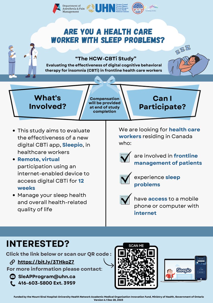 SleAP Program (@sleapprogram) on Twitter photo We invite #healthcareworkers 🩺across Canada 🇨🇦 to participate in our research study, which is funded by the UHN-AMO grant, <a href="/ONgov/">Ontario Government</a>
✳️ Are you Experiencing sleep problems😴?
✳️ Are you involved in First-line patient care ❤️🩹?
✳️ See if you qualify: bit.ly/3JmpWCF We invite #healthcareworkers 🩺across Canada 🇨🇦 to participate in our research study, which is funded by the UHN-AMO grant, <a href="/ONgov/">Ontario Government</a>
✳️ Are you Experiencing sleep problems😴?
✳️ Are you involved in First-line patient care ❤️🩹?
✳️ See if you qualify: bit.ly/3JmpWCF