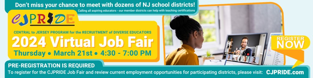 We believe in hiring diverse educators in NJ schools. So do many other districts. Meet all of them at the @CJERSEYPRIDE 2024 Virtual Job Fair on March 21st. #NJEducatorJobFair #DiversityInEducation
#NJTeacherJobs