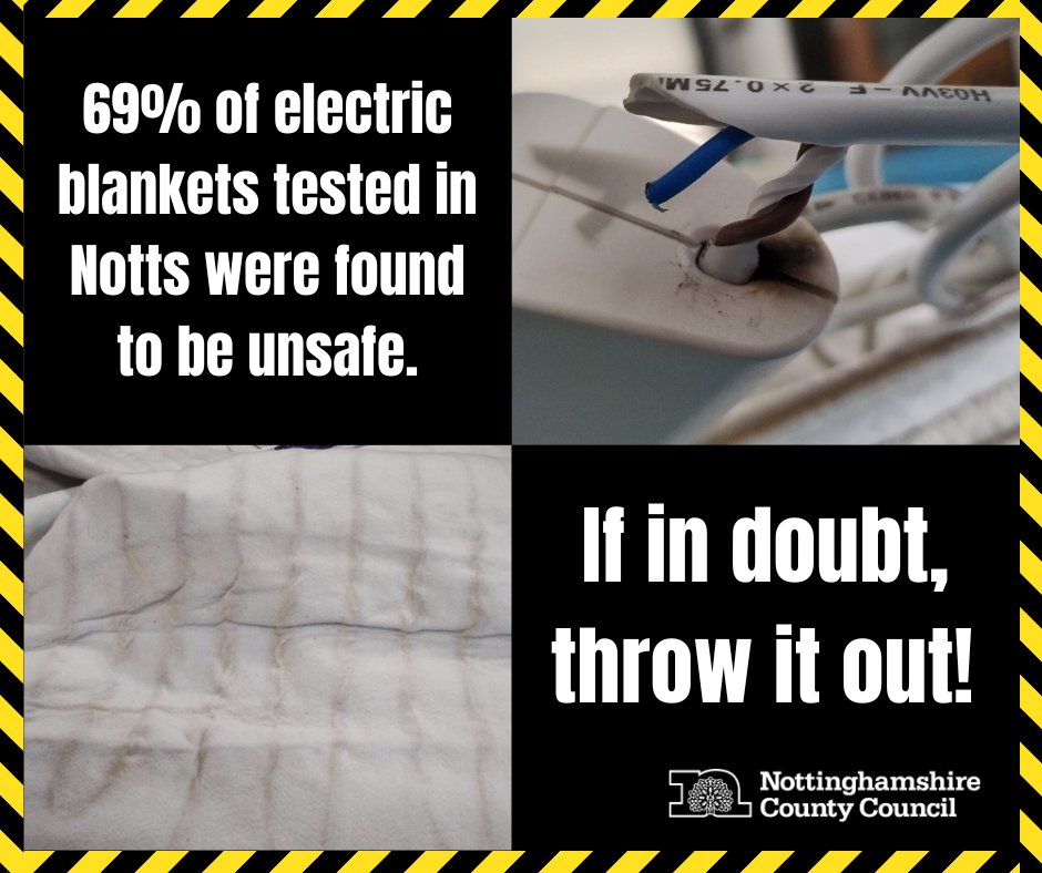 🛏️🔌69% of electric blankets tested by Trading Standards officers & @nottsfire were found to be unsafe, including one blanket that was 43 years old 😲

Read about the danger signs to look out for if you use an electric blanket👇
orlo.uk/Electric_blank…

If in doubt, throw it out!