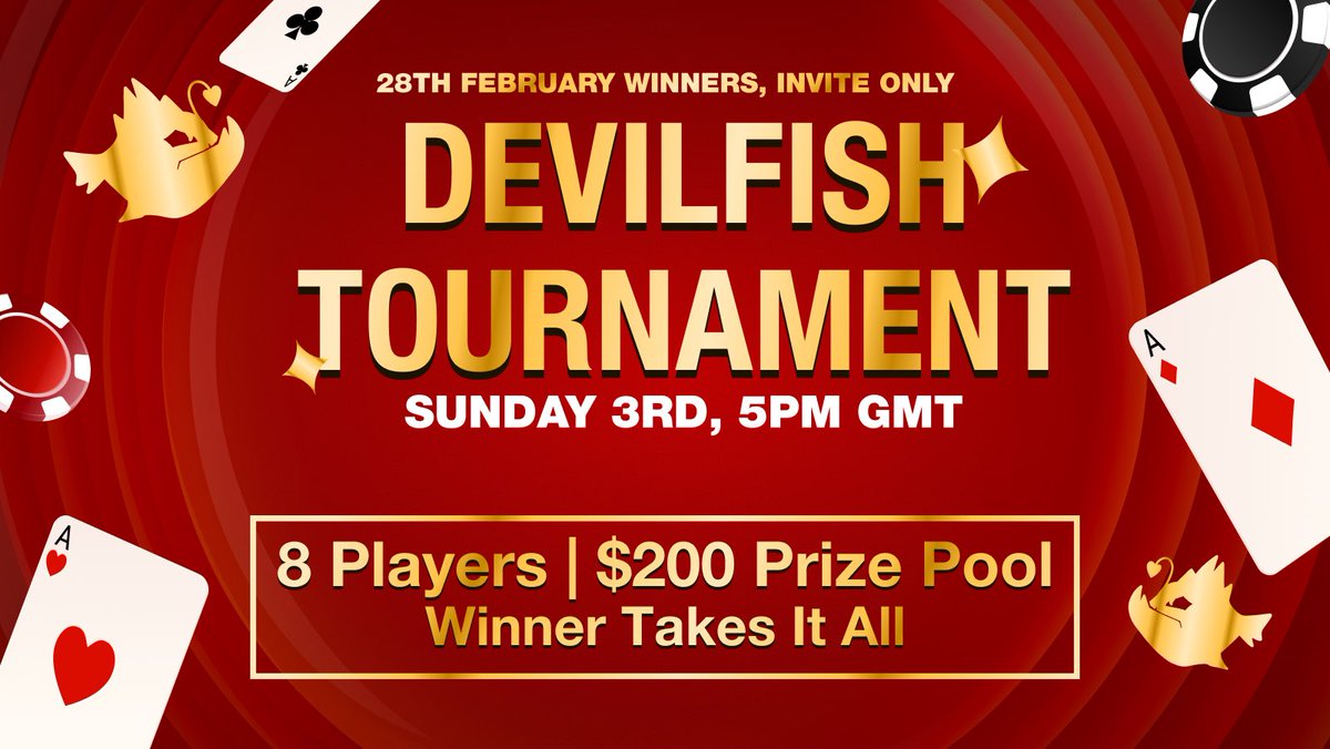 Devilfish 24 Hour Winners Only Tournament. ⏰Sunday 5PM GMT ❗️8 Players 🏆 1 Winner 💸The winner keeps the whole prize pool of $200 Passwords will be sent individually. Join our discord for the best Web3 Poker tournaments discord.gg/devilfishpoker