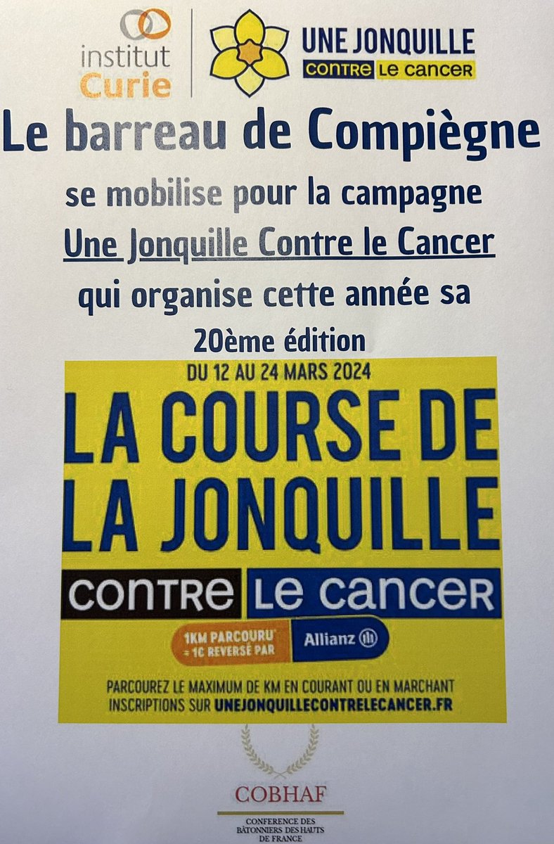 ✅Les 17 barreaux de notre conférence régionale s’engagent pour <a href="/institut_curie/">Institut Curie</a> qui organise du 12 au 24 mars l’opération une jonquille contre le cancer🌼17 affiches et un maximum d’inscriptions pour recueillir un maximum de dons <a href="/AvocatsDouai/">Avocats DOUAI</a> <a href="/AvocatCompiegne/">Barreau de Compiègne</a> <a href="/Barreaulille/">Barreau de Lille</a>