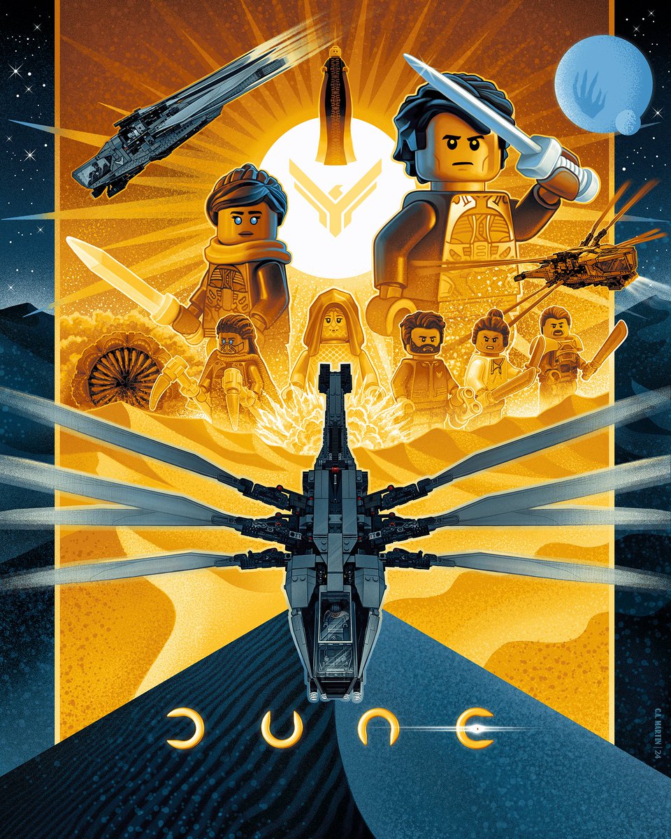 camartinart's tweet image. I’m so excited to soar over the sands of Arrakis with the LEGO® Dune Atreides Royal Ornithopter replica model! 
​
As a life-long LEGO® fan and a fan of Dune, it was a dream to create an official poster to celebrate the arrival of this incredible new set!
@LEGO_Group @Legendary