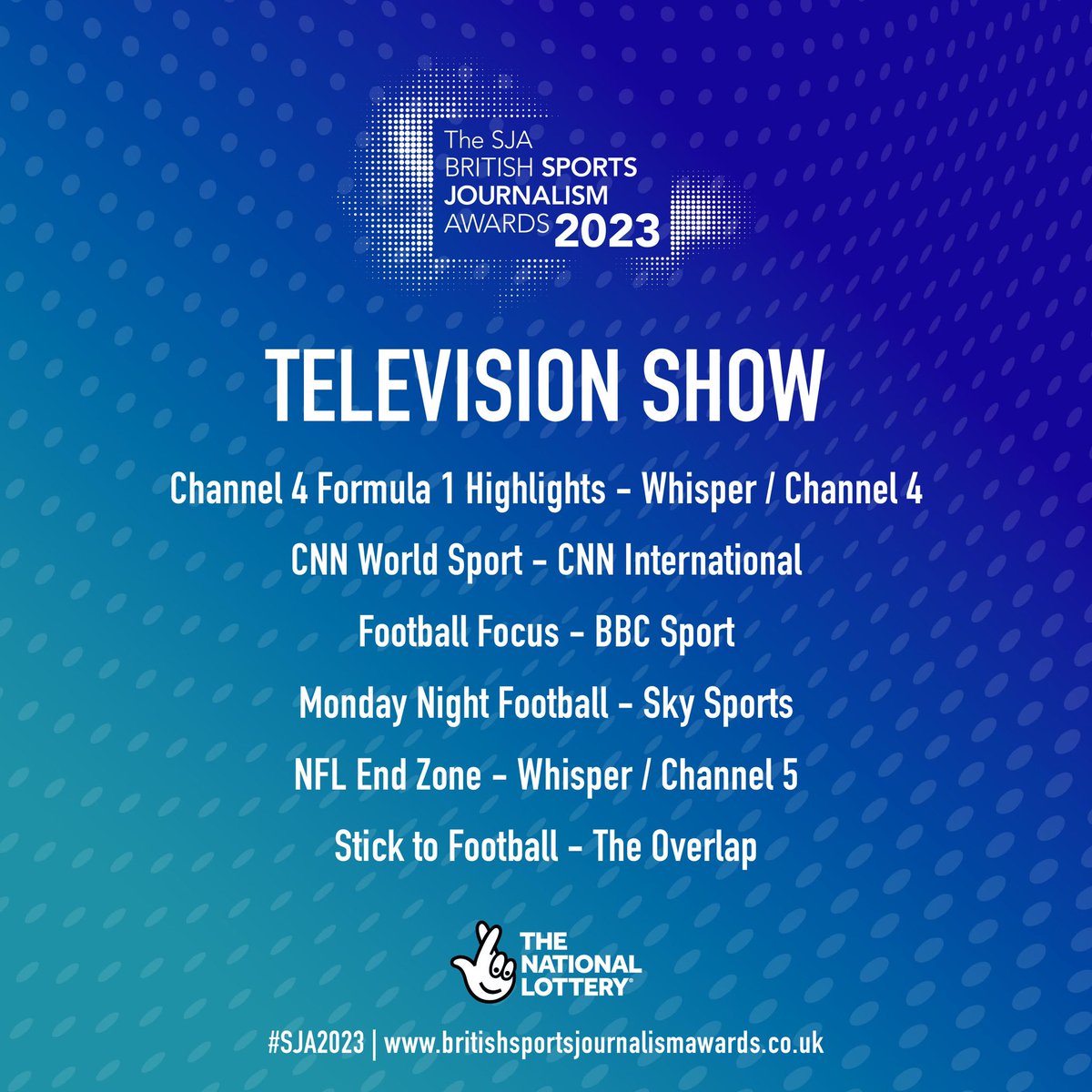 Sports Journalists (@sportsja) on Twitter photo 📺 #SJA2023 Television Show
<a href="/C4Sport/">Channel 4 Sport</a> Formula 1 Highlights - <a href="/WeAreWhisperTV/">Whisper</a> / <a href="/Channel4/">Channel 4</a>
CNN World Sport (<a href="/cnnsport/">CNN Sports</a>) - <a href="/cnni/">CNN International</a>
Football Focus - <a href="/BBCMOTD/">Match of the Day</a>
Monday Night Football - <a href="/SkySportsPL/">Sky Sports Premier League</a>
NFL End Zone - Whisper / <a href="/Channel5Sport/">Channel 5 Sport</a>
Stick to Football - <a href="/WeAreTheOverlap/">The Overlap</a> 📺 #SJA2023 Television Show
<a href="/C4Sport/">Channel 4 Sport</a> Formula 1 Highlights - <a href="/WeAreWhisperTV/">Whisper</a> / <a href="/Channel4/">Channel 4</a>
CNN World Sport (<a href="/cnnsport/">CNN Sports</a>) - <a href="/cnni/">CNN International</a>
Football Focus - <a href="/BBCMOTD/">Match of the Day</a>
Monday Night Football - <a href="/SkySportsPL/">Sky Sports Premier League</a>
NFL End Zone - Whisper / <a href="/Channel5Sport/">Channel 5 Sport</a>
Stick to Football - <a href="/WeAreTheOverlap/">The Overlap</a>