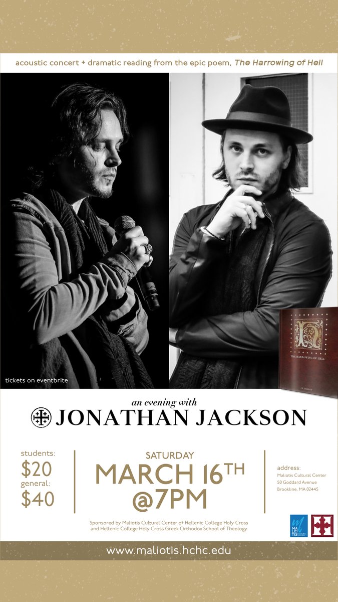 Join me in Brookline, MA Saturday, March 16th at the Maliotis Cultural Center. Acoustic Concert and Dramatic Reading of excerpts from my poem, The Harrowing of Hell. Find tickets: loom.ly/1U8TI5I . #JonathanJackson #LiveEvent