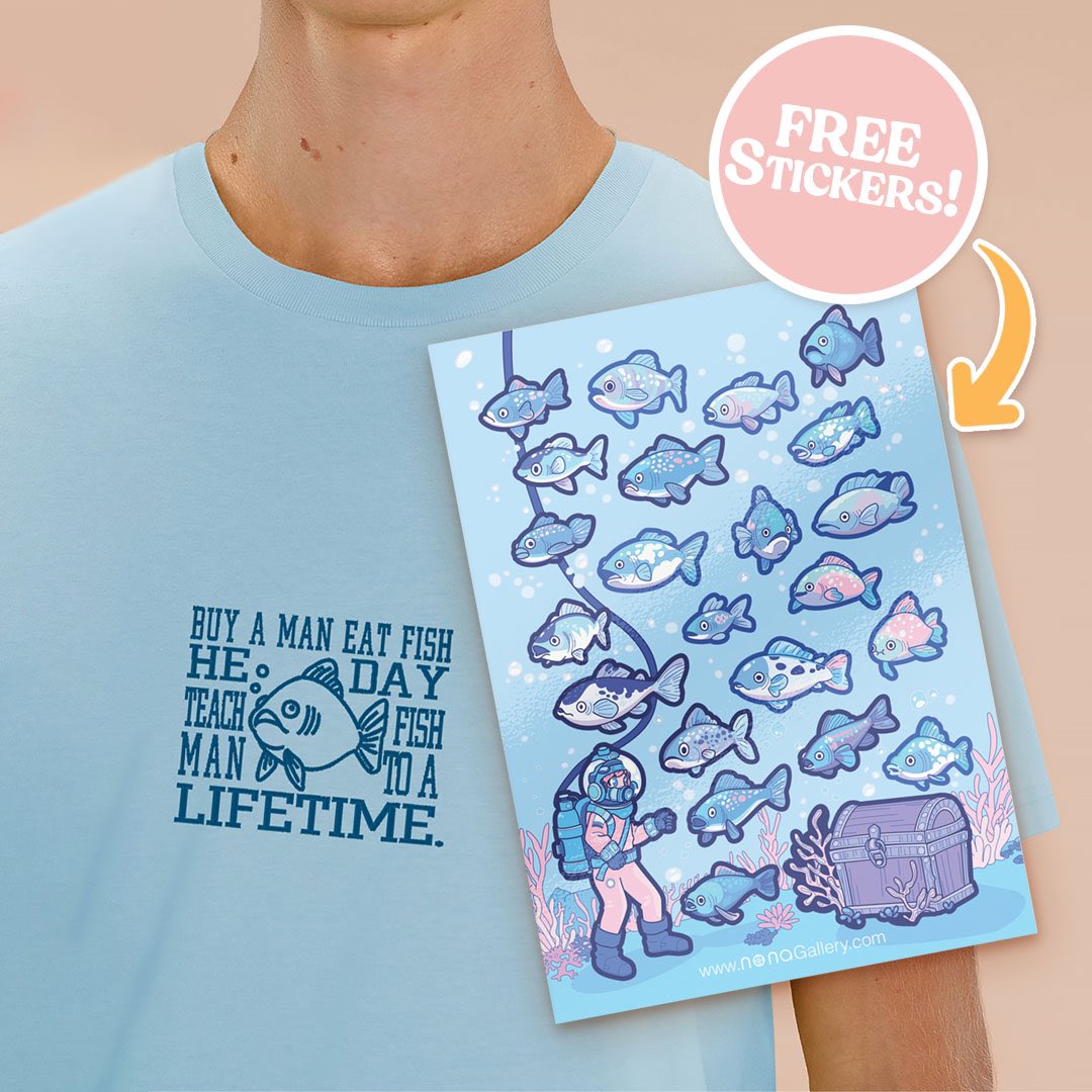 March’s Subscription Club Design Reveal🐟 Wiser words have never been spoken. Oh boy did I draw a LOT of fish to find the perfect one for the t-shirt design. so this month you also get a free large underwater sticker sheet in your subscription box! 🐟 nonagallery.com/pages/t-shirt-…