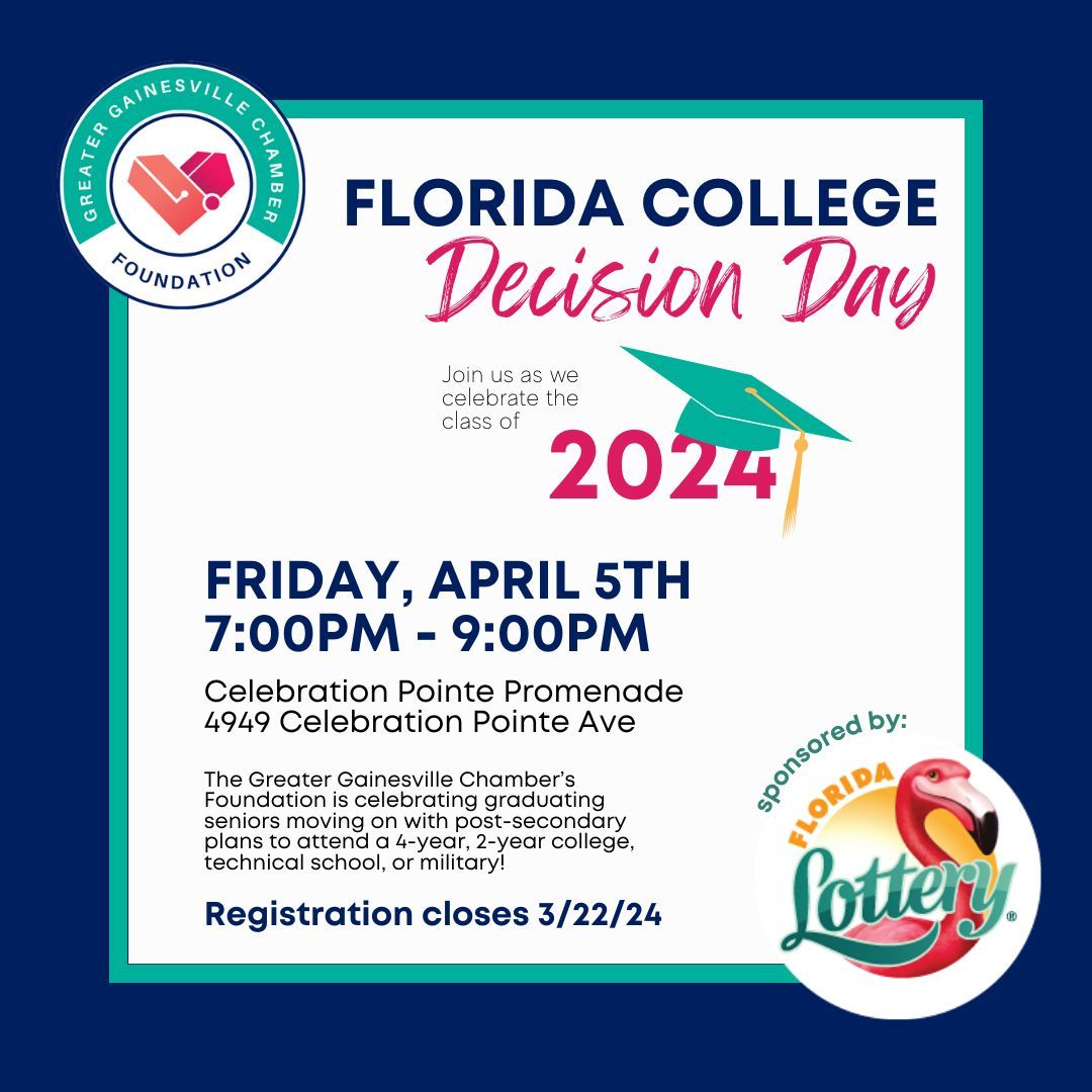 The Greater Gainesville Chamber's Foundation presents 2024's Florida College Decision Day, sponsored by the Florida Lottery and hosted at Celebration Pointe on Friday, April 5th!  surveymonkey.com/r/NJK7Q9G 
Deadline for registration is Friday, March 22nd!