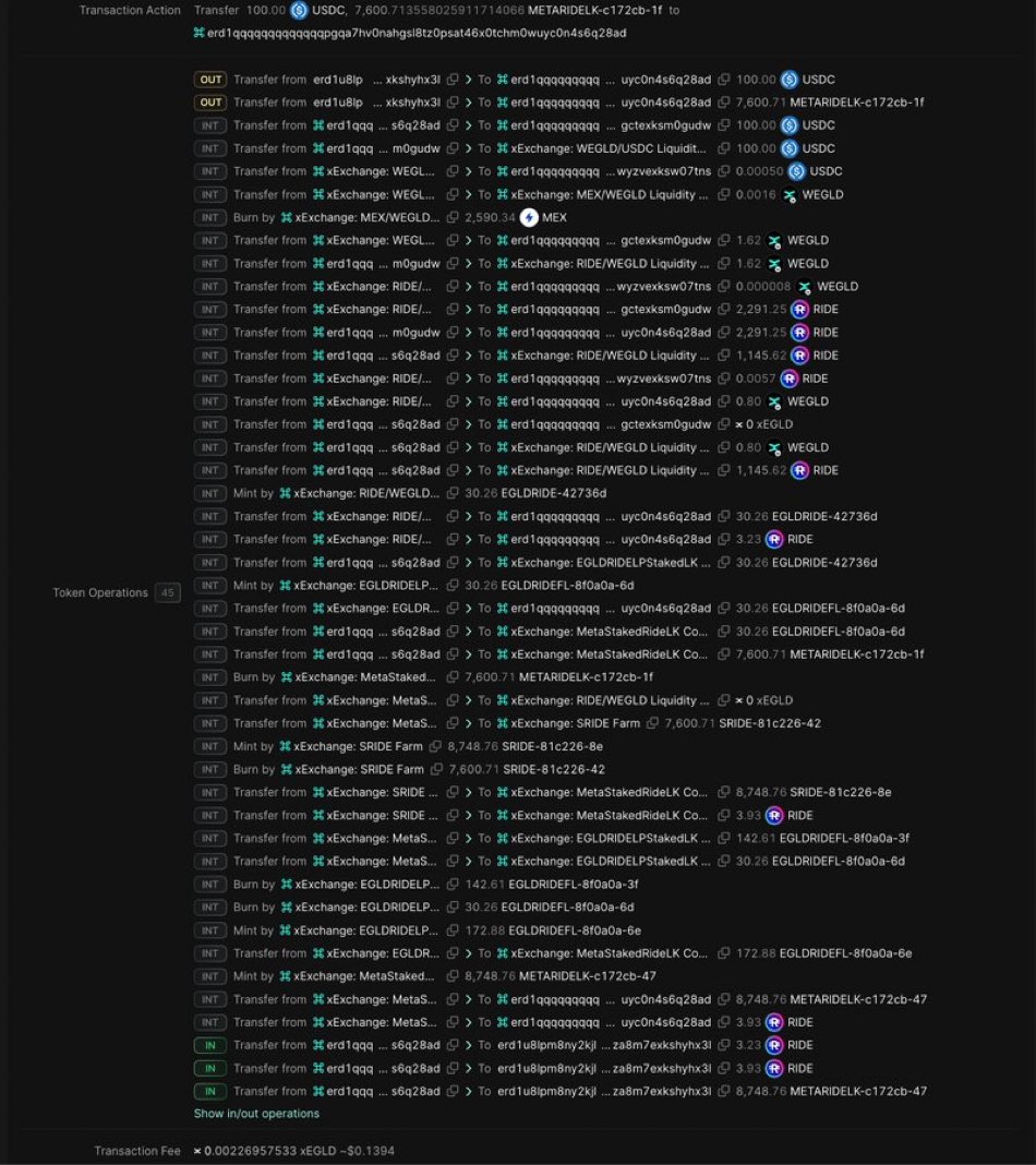 SasuRobert's tweet image. This is what composability means.

One transaction of 100 $USDC transfer, definition of actions result in creating a complex MetaStakedPosition of $wEGLD and $RIDE . 

How is this possible; half of the tokens buy tokenA , half buy token B, enter Liquidity Pool with A and B, enter…