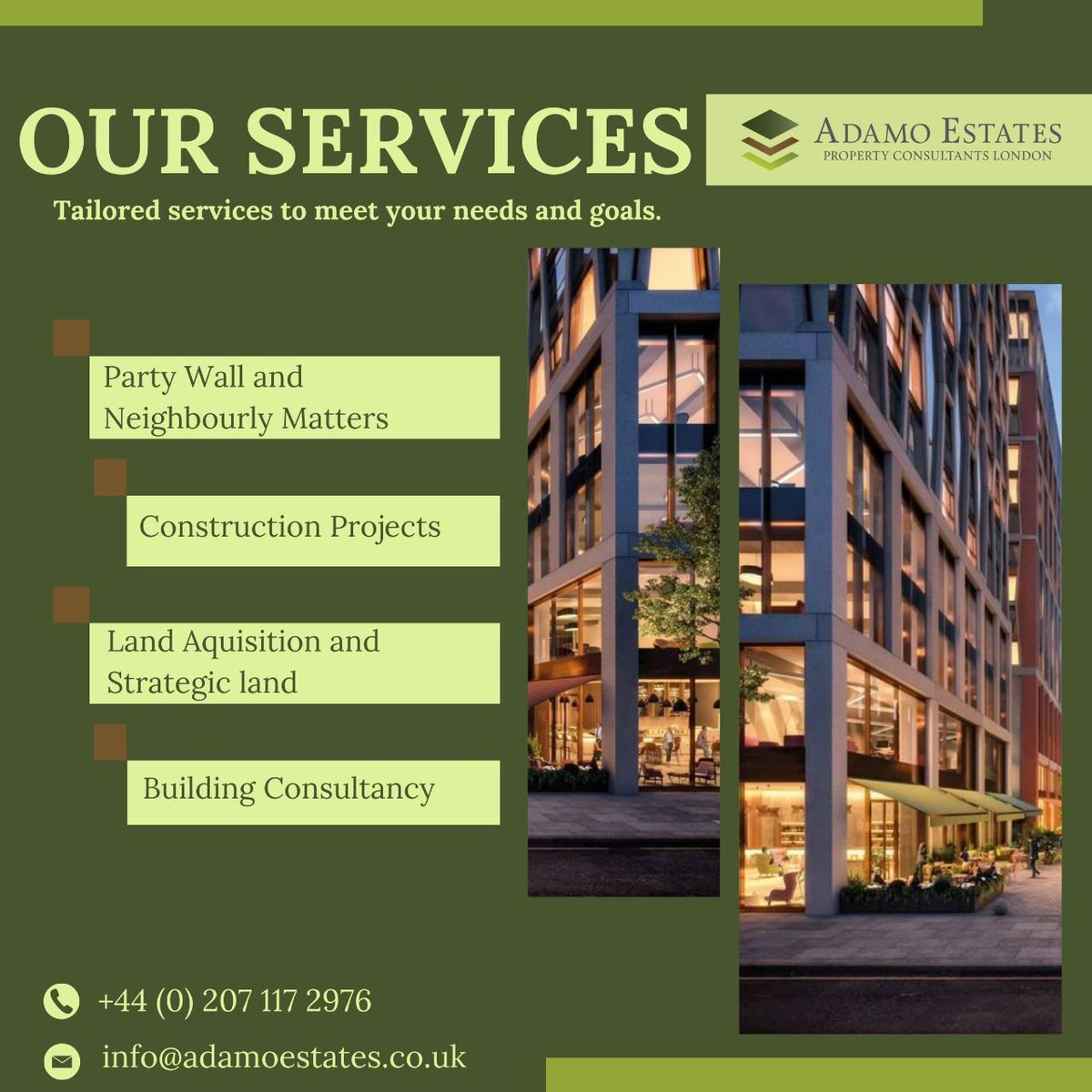 AdamoEstates's tweet photo. Tailored solutions to meet your needs. We guide you throughout your project’s lifecycle.

Find out more about our services by contacting us today.
 
📞 +44 (0) 207 117 2976
📧 info@adamoestates.co.uk https://t.co/cGP4KNs62y