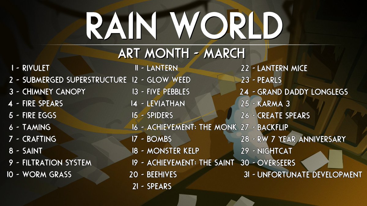 RainWorldGame's tweet photo. ⛈️Welcome to Rain World Art Month 2024!🐌🐈

🎨31 daily Rain World prompts!
➡️Use the hashtag #RWArtMonth to share your creations!

🎟️4 weekly giveaways sponsored by @XPPEN!
➡️Every Wed, we'll post a Google Form for art submissions. Submit your #RWArtMonth art for a raffle entry! https://t.co/P0y1g6M000