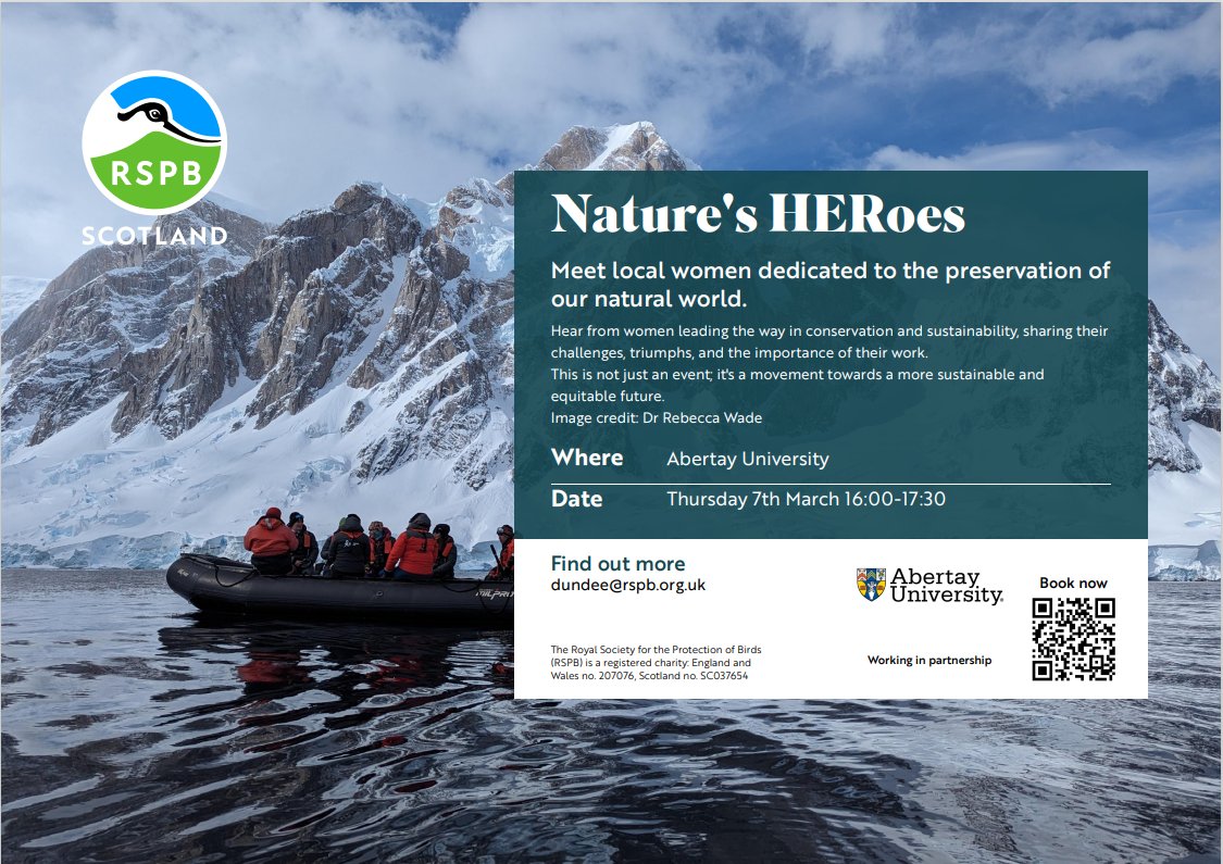 AbertayUni's tweet photo. We're excited to be involved in these two projects with @RSPBScotland as part of Dundee Women's Festival 2024! ✨
Come along to the Nature's HERoes event at @abertayuni on 7th March and take part in the Right 2 Roam workshop on 3rd, 10th or 17th March 🌍🎲
#DWF24 #IWD2024 https://t.co/Jt4ysR0P2k