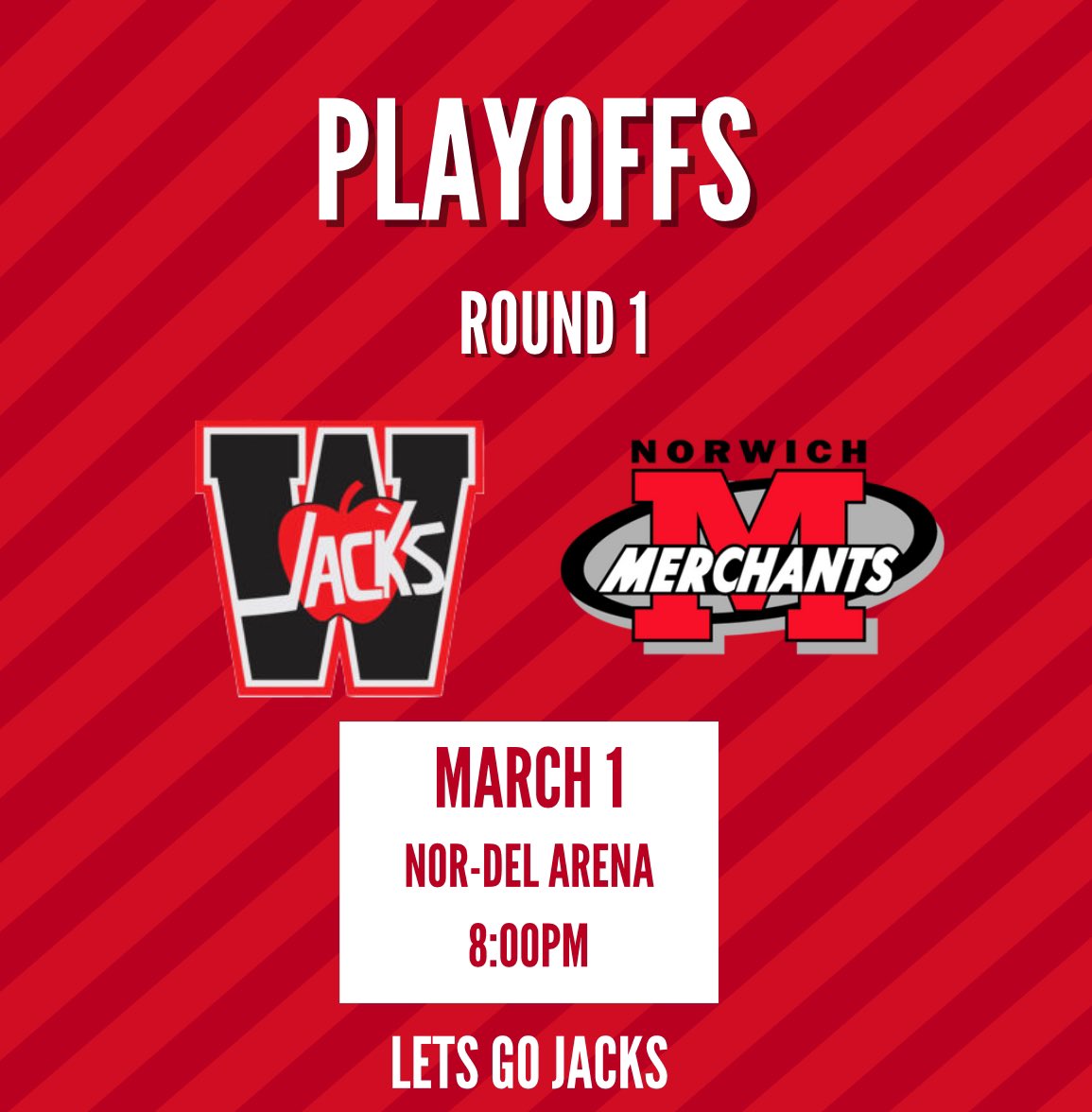 Game two on the first round takes place tonight in Norwich! Come out and cheer on the Jacks! #letsgojacks