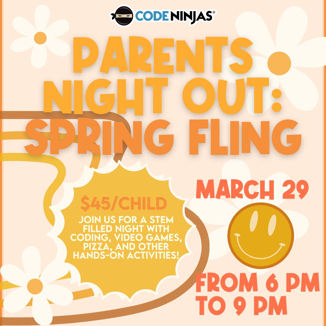 CodeNinjasALX's tweet image. Mark your calendar for March 29! It's a kid's night out at Code Ninjas Alexandria!
#codeninjas #parentsnightout #kidsnightout #springfling #alexandriava #kidswhocode #videogames #novakids #hiyah