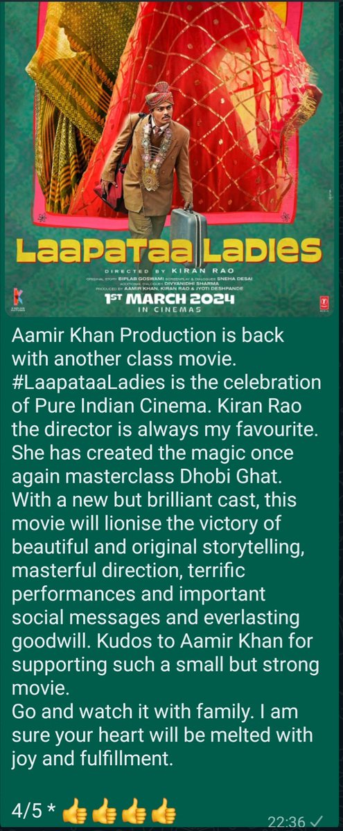 #LaapataaLadiesReview  Go snd crlebrate Pure Indian Cinema. 4/5****