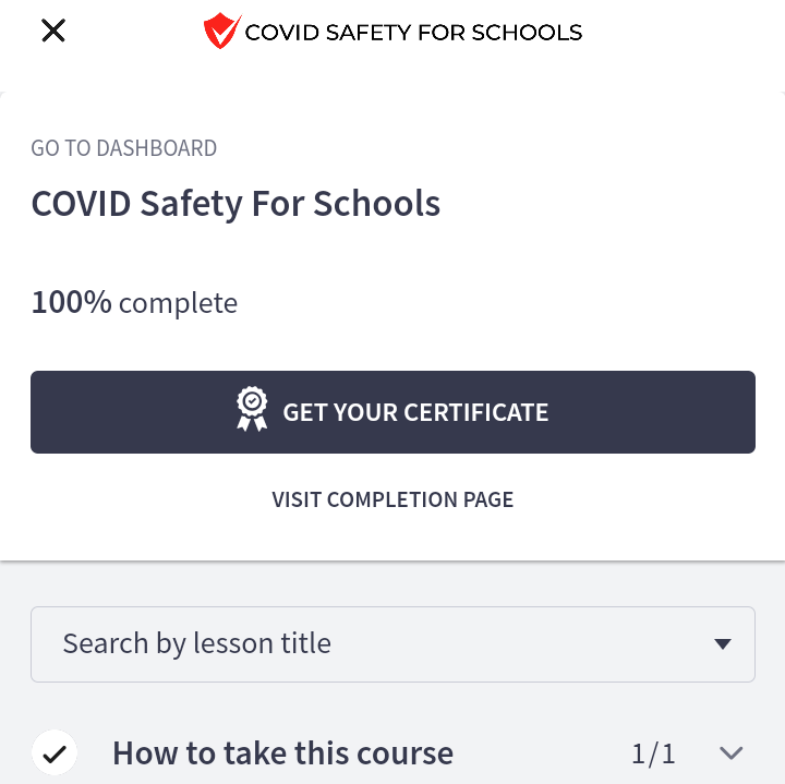 Progress tracker for the Covid Safety for Schools course - 100% complete