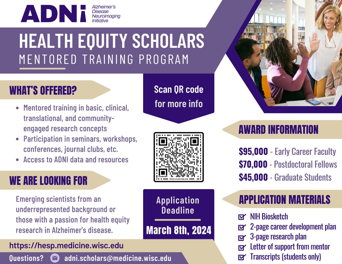 Hello! The deadline for the Health Equity Scholars Program (HESP) is Friday, March 8th, 2024 (at 11:59pm PST). 💥

More details regarding the program and where to apply can be found in the attached flyer and on the website at hesp.medicine.wisc.edu.

#ADNI #HealthEquity