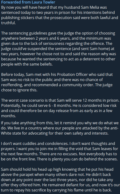 blackbird9_9's tweet photo. #FreeSamMelia
For the NewBeezzz, The "#GrahamHart-ing" of a person means they were thrown in (((#TheChickenShack))) for #ThoughtCrimes by a (((#SlimeMold))) Infested Legal System
Ex: "Sam Melia sure got 'Graham Harted' with that 2 YEAR Prison Sentence!"
https://t.co/VZOaUbGFNO https://t.co/vWyeOPSn5I