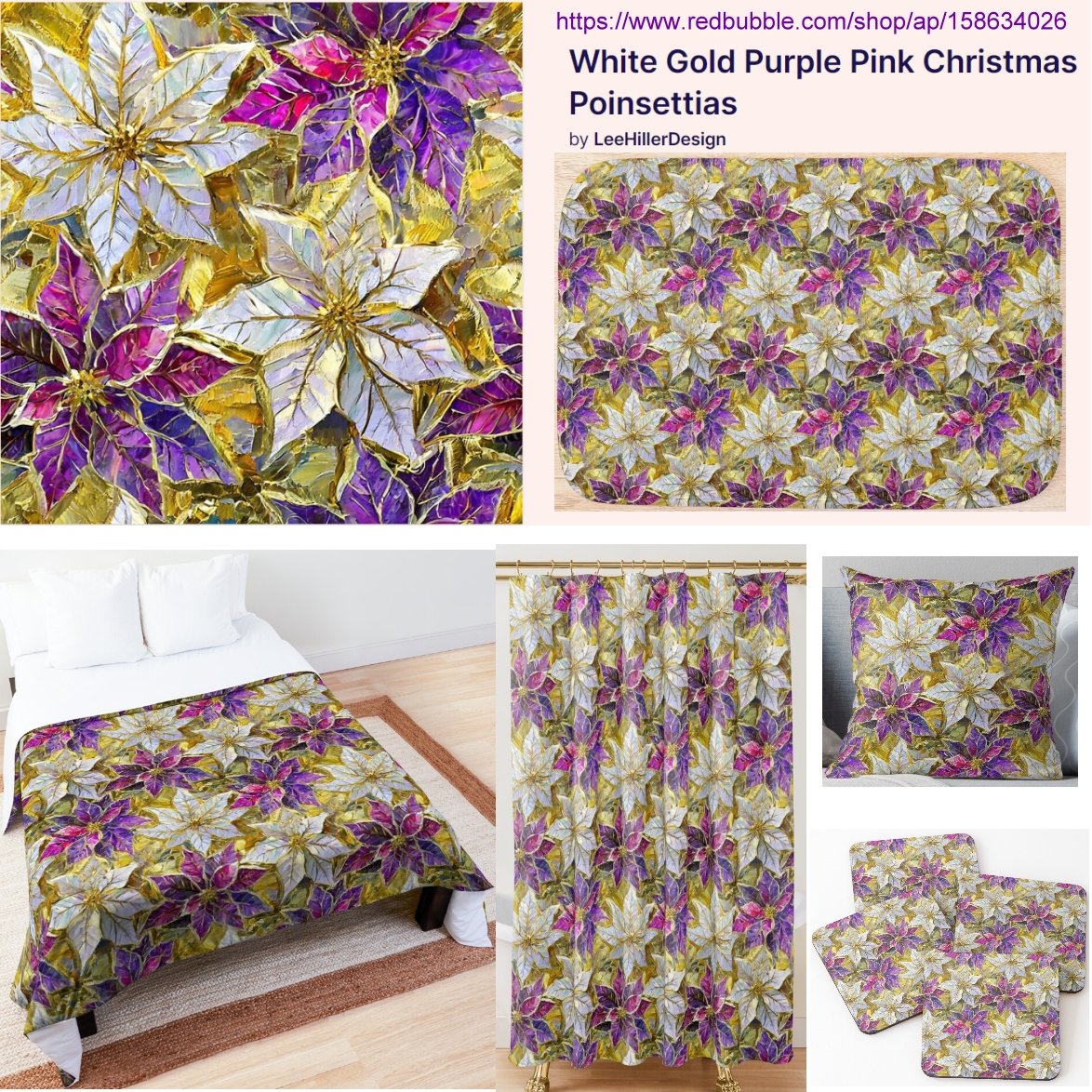 🌟🎄🎁🎄🎁🎄🌟  
White Gold Purple Pink Christmas Poinsettias #redbubbleshop
redbubble.com/shop/ap/158634…

 #Christmas #poinsettias #art digital designs #gifts #giftideas #coasters #pillows #homedecoration #homedecor #blankets #duvetcovers #showercutains and more. #redbubble