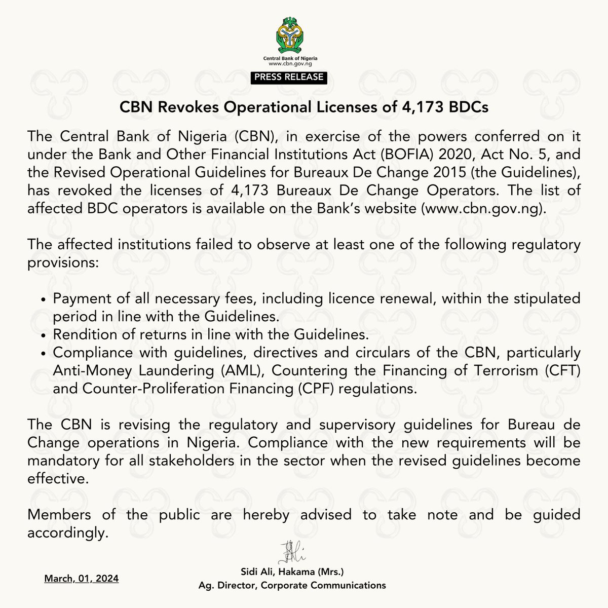 PRESS RELEASE: CBN Revokes Operational Licenses of 4,173 BDCs. Access the list here... ow.ly/f0Ln50QJZcM