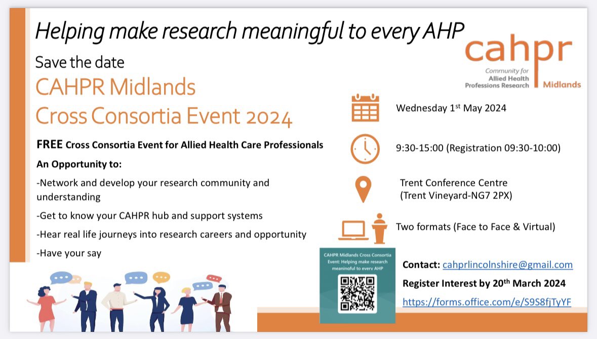 FREE EVENT 👏Helping make research meaningful to every AHP👏 Come to our cross consortia event! Limited free places available in person here in the Midlands (Nottingham), and limitless free places available online. Please register here - forms.office.com/pages/response…