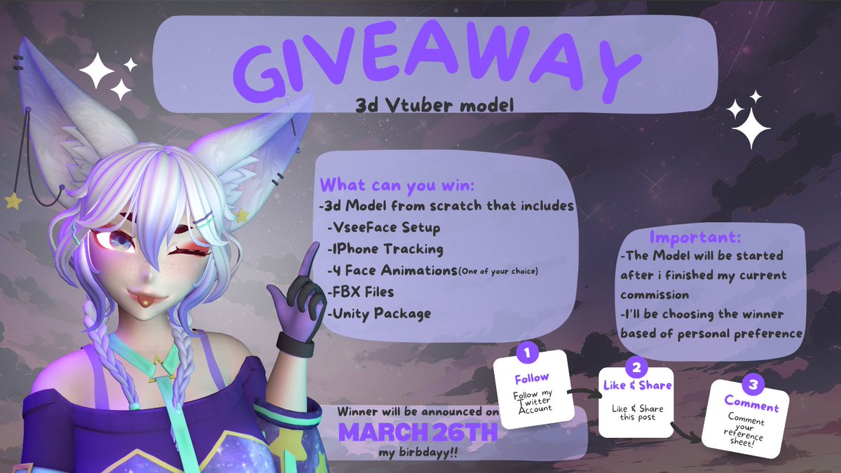☁️【3d Vtuber Giveaway】✨

Im trying to build my portfolio and need a helpless victim to make a model for >:3

✦
To join; 
♡ - Follow <a href="/DasYokochan/">DasYoko|3dArtist|Closed!</a>!
♡ - Like and repost!
♡ - Post your reference sheet in the comments!
♡ - Tag a friend! (optional)
✦

#Giveaway #VtuberUprsing