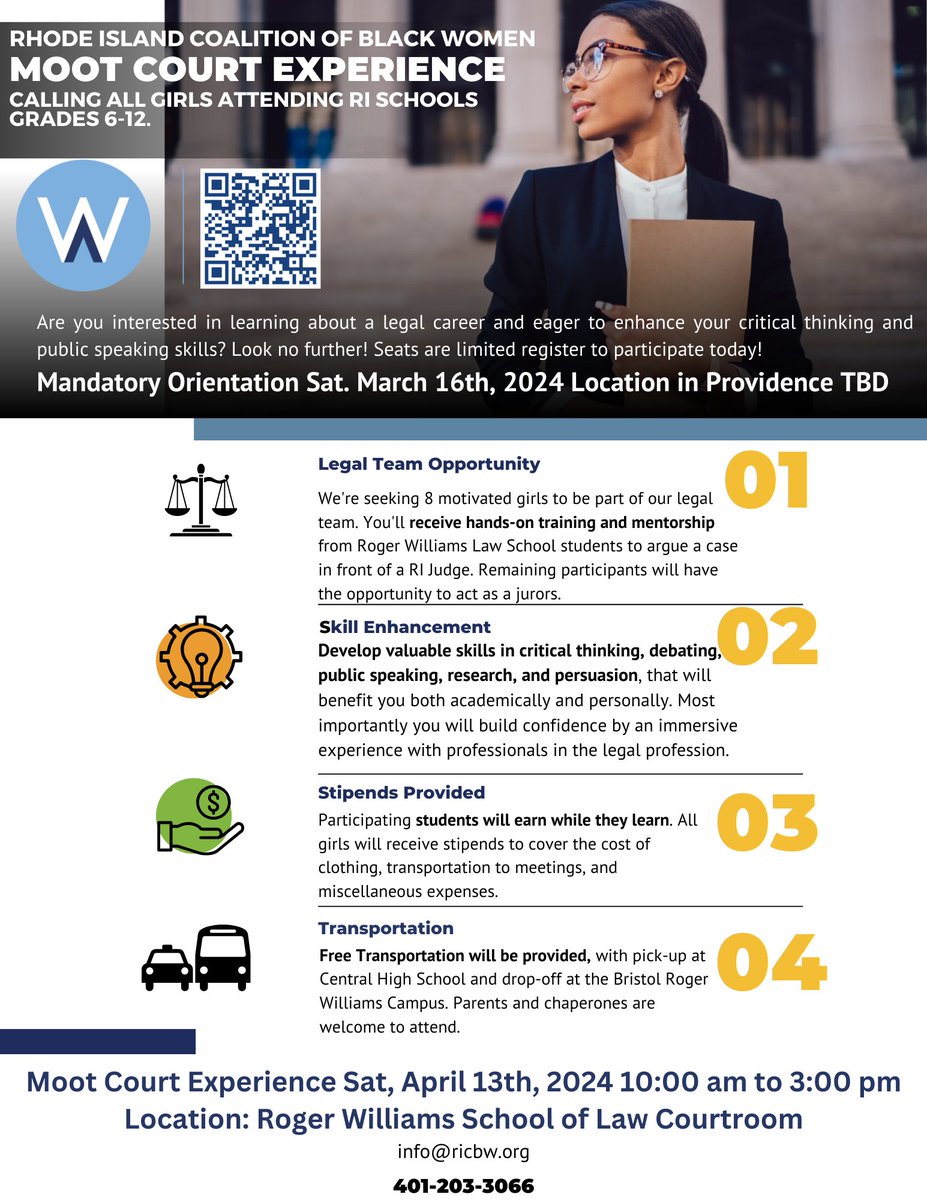 RICBW2's tweet image. Attention RI girls grades 6th to 12th interested in law and advocacy!  Join us for an empowering Moot Court Experience hosted by the Rhode Island Coalition of Black Women! Seats are limited Register today! docs.google.com/forms/d/e/1FAI…