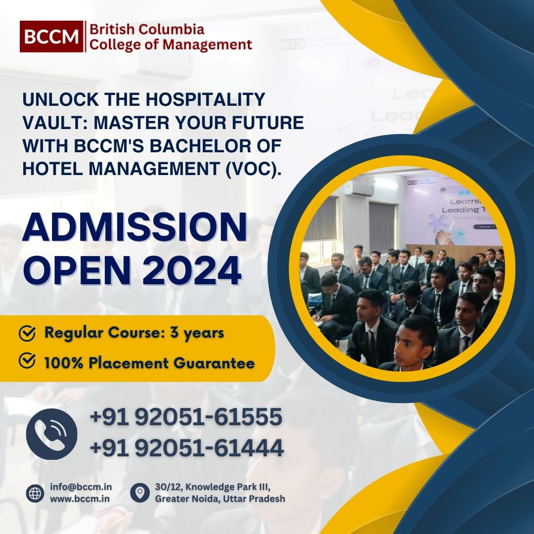 bccmindia's tweet photo. Unlock the #hospitality Vault: Master Your #FutureOfWork with #BCCM's Bachelor of #hotel #Management #vocationaltraining
Don't wait! This course is filling up fast! Head over to our website or #ContactUs today to secure your spot!  9205161555
9205161444
#HospitalityInnovation https://t.co/kXbvuZB4V0