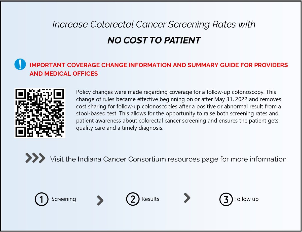Healthcare Providers: Check out this resource from the Indiana Cancer Consortium to learn about the colorectal cancer screening policy update: indianacancer.org/resources/crc-…