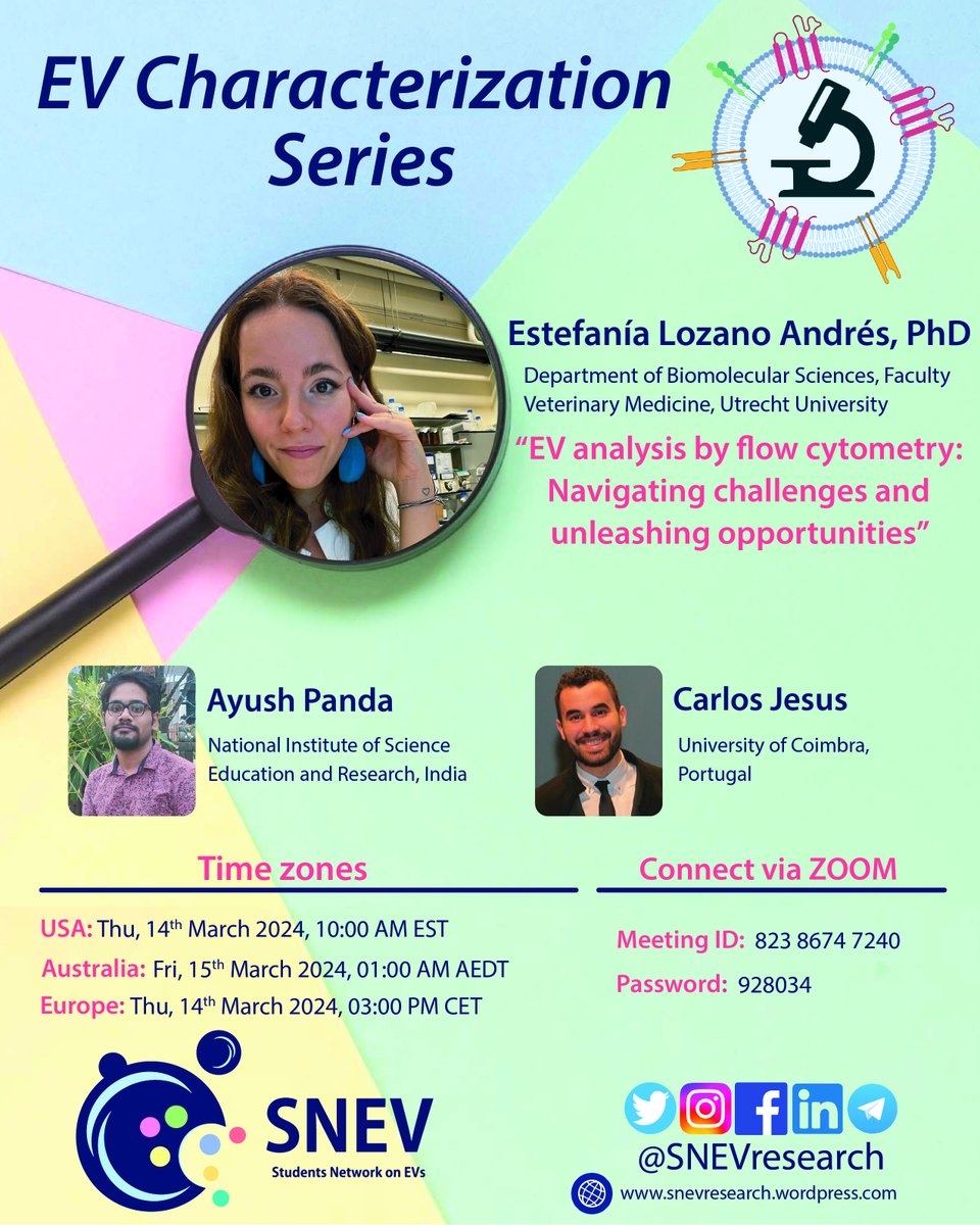 Tomorrow! This March 14th, listen to the next chapter in our SNEV EV Characterisation series featured by Estefanía Lozano Andrés @physaliaislove (Utrecht University, Netherlands) to find out how to analyse EVs by flow cytometry! TimeZone: notime.zone/NruuqlB_STs5Y