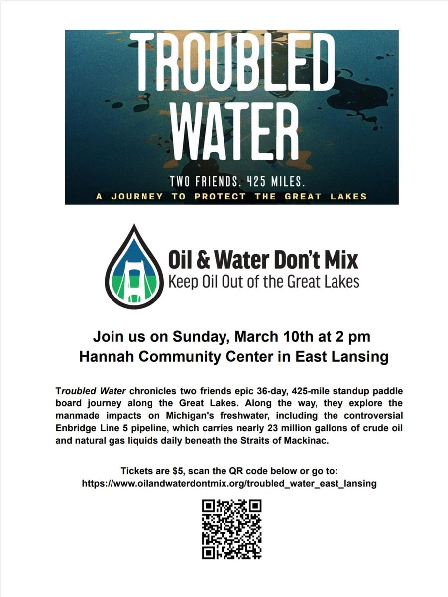 Lansing Peeps:  March 10, 2 PM  Troubled Water film showing. Our distinguished members Dr. Kyle Whyte and Nichole Keway Biber will lead a discussion after the film. #ShutDownLine5
oilandwaterdontmix.org/troubled_water…