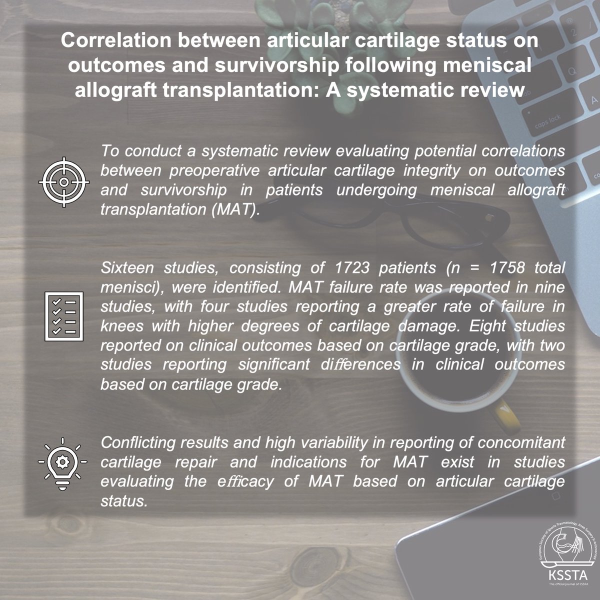 The influence of preoperative cartilage status on postoperative outcome after MAT is still unclear, according to this systematic review. #cartilage #knee #allograft #MAT #transplantation Read here: doi.org/10.1002/ksa.12…