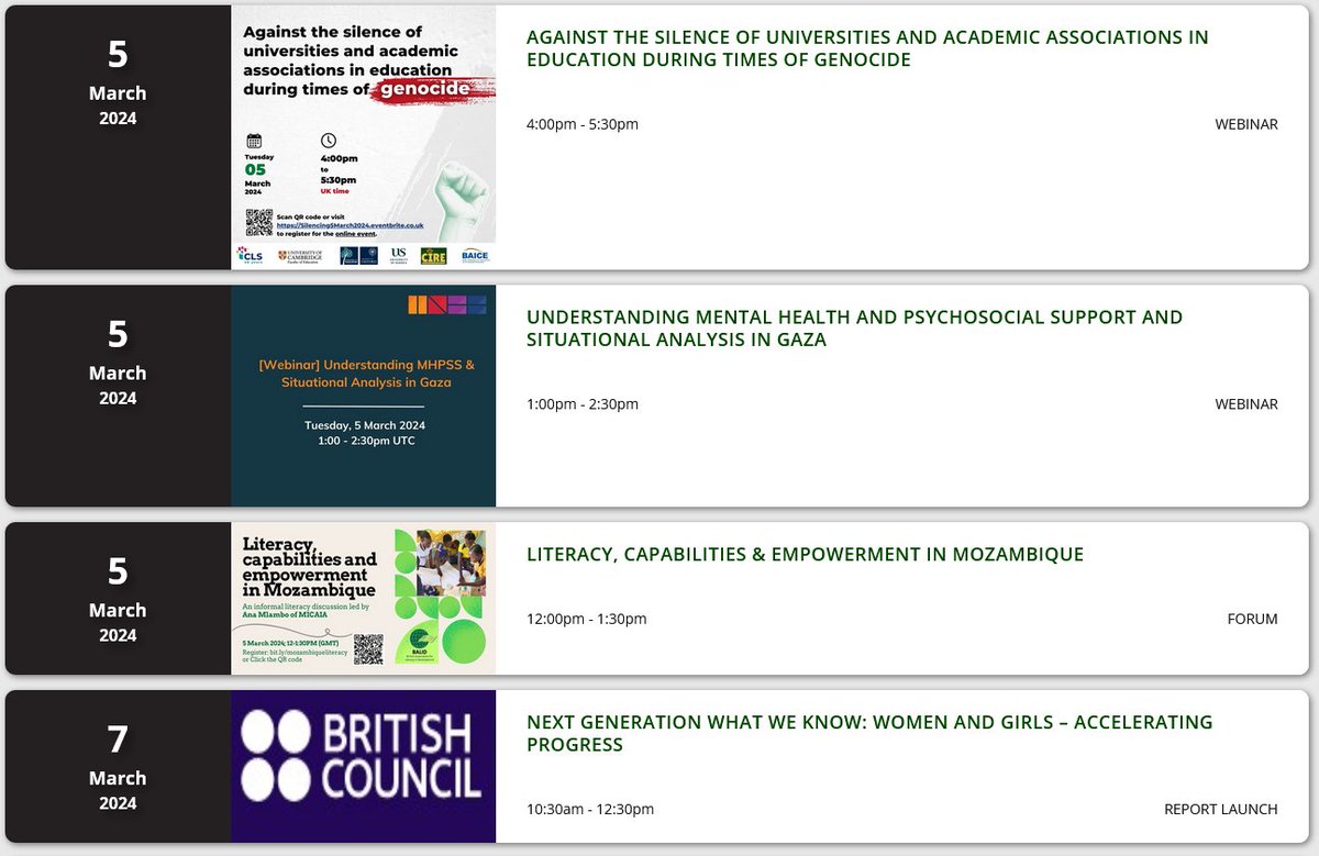 Lots of events next week:
* Silencing of universities in times of #genocide 
* #MentalHealth &amp; psychosocial support in #Gaza <a href="/INEEtweets/">INEE</a>
* Literacy in #Mozambique <a href="/BALID_literacy/">BALID</a>
* Accelerating progress for women &amp; girls <a href="/BritishCouncil/">British Council</a>
More information: ukfiet.org/news-and-event…