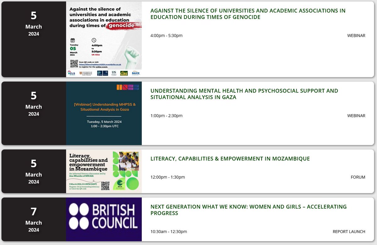 Lots of events next week: * Silencing of universities in times of #genocide * #MentalHealth & psychosocial support in #Gaza @INEEtweets * Literacy in #Mozambique @BALID_literacy * Accelerating progress for women & girls @BritishCouncil More information: ukfiet.org/news-and-event…