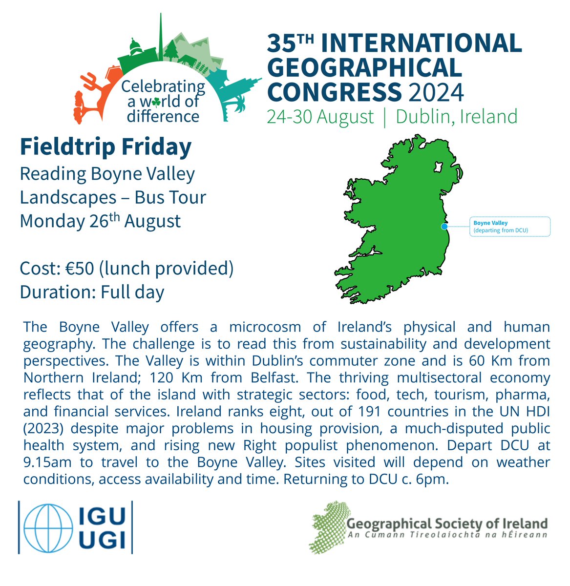 It's Fieldtrip Friday, the day we promote the fabulous fieldtrips happening this August as part of #IGC2024 Why not take a bus tour of the Boyne Valley, a scenic and fascinating Irish landscape? Learn more about this and other field trips on our website: igc2024dublin.org/field-trips/