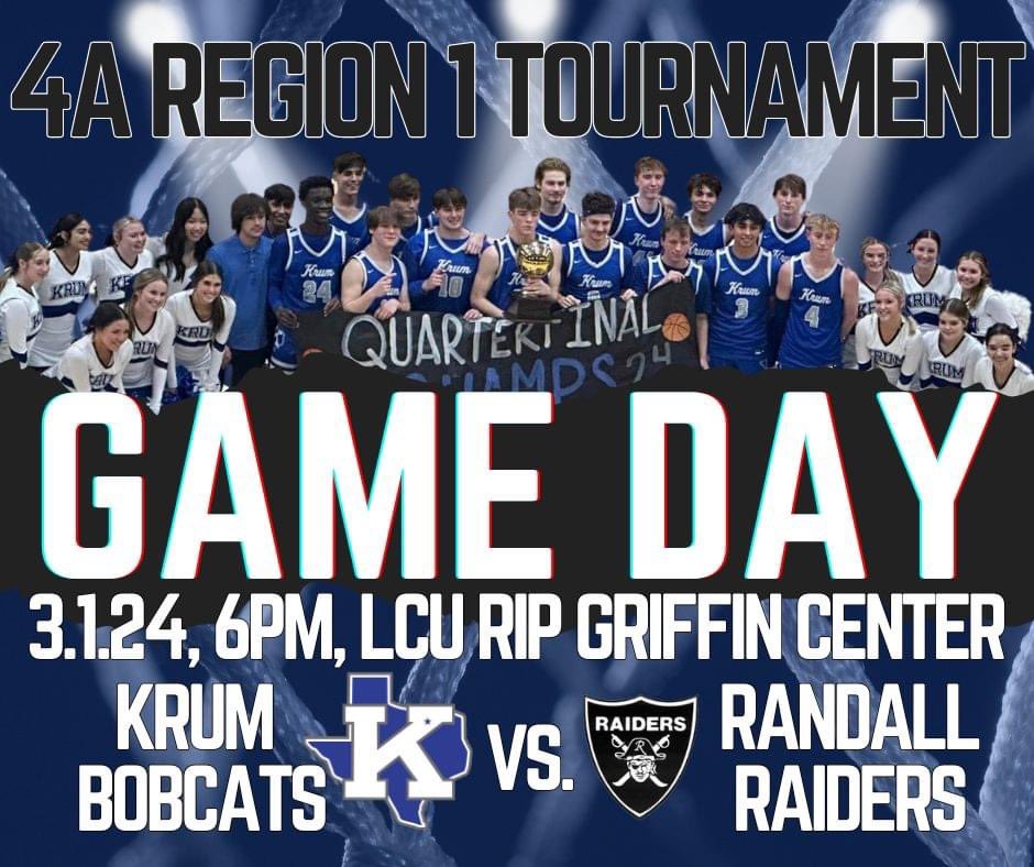 🏀It's GAME DAY, Bobcats! 🏀 Day 1 of the 4A Region 1 Conference Tournament and the Krum Bobcats are taking on the Randall Raiders. ‼️🔥 Tip off at 6:00 Let’s keep our season rolling! @hoopinsider @Tabchoops @DentonRC @STBA_TX @Terrytom77