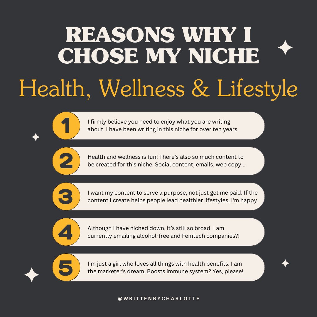 Niching down? You don’t need to go too far yet. 

Here’s why I chose my niche of health, wellness and lifestyle ⚡️ 

#freelancewriters #blogwriting #contentcreators