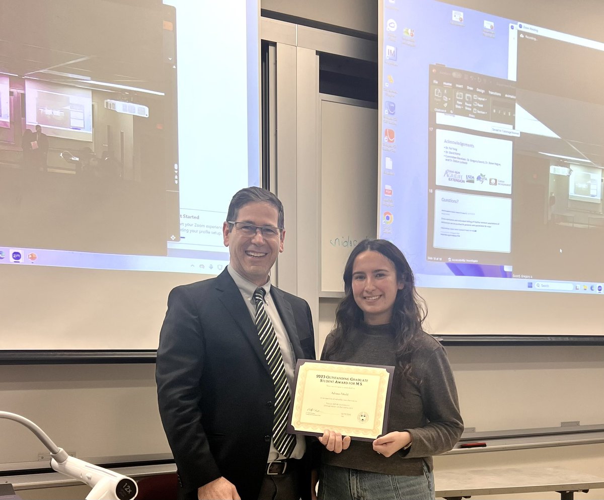 tamuentomology's tweet image. We would like to congratulate Adriane Fifield on receiving the 2023 Outstanding M.S. Graduate Student Award and Junepyo Oh on receiving the 2023 Outstanding Ph.D. Graduate Student Award! 🎉🎊
#TAMUBugs