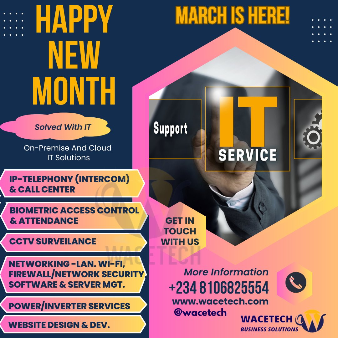 Welcome to the month of MARCH!
#wacetech #digimediang #itsolutions #accesscontrol #networking #callcenter #iptelephony #cctv #surveillancesystems #itsecuritysolutions #turnstiles #microsoft365 #datacenter #internetsecurity #cloudcomputing #webdesign #webdevelopment #voipsolutions