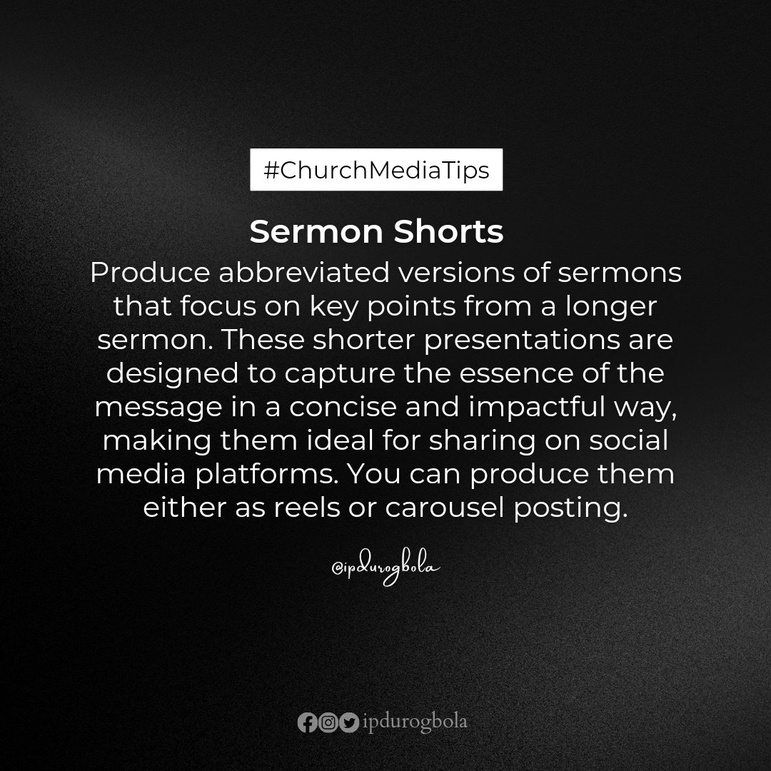ipdurogbola's tweet photo. A concise short from that long sermon could be very impactful either as reel or carousel posts. Try it today!
#ChurchMediaTips #tip29 #DigitalMinistry #AyanfeTemi2020 #church #jesus #God #christian #love #jesuschrist #gospel #socialmediamarketing #shorts #Reels #carousel https://t.co/p8UARZQbMC