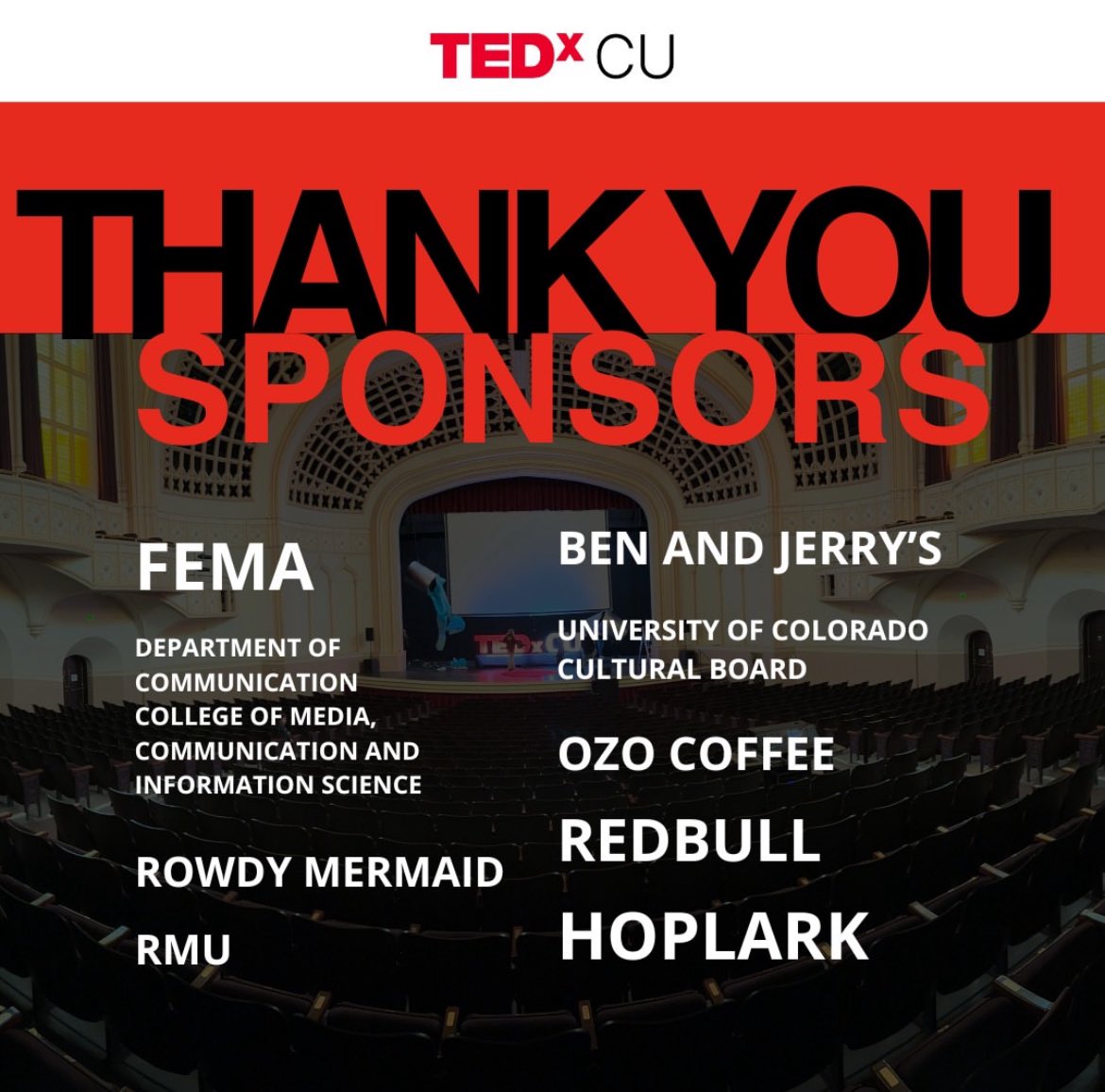 🙏 Huge thanks to all our incredible sponsors for making TEDxCU possible today! Together, we're shaping minds and sparking ideas that change the world. 
We are so stoked to have you listen to our extraordinary talks tomorrow. 
The event is at Macky Auditorium from 2-6pm.

#TEDxCU
