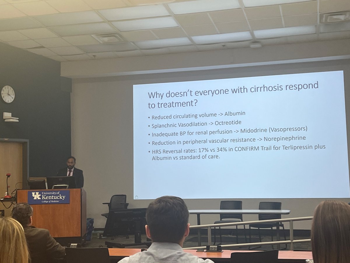 Our amazing Nephro-Crit fellows @Neph_Lon and Ann Finke dropping some serious knowledge on Hepatocardiorenal syndrome at @UKYInternalMed  Grand rounds @ukypccm @UK_HealthCare
