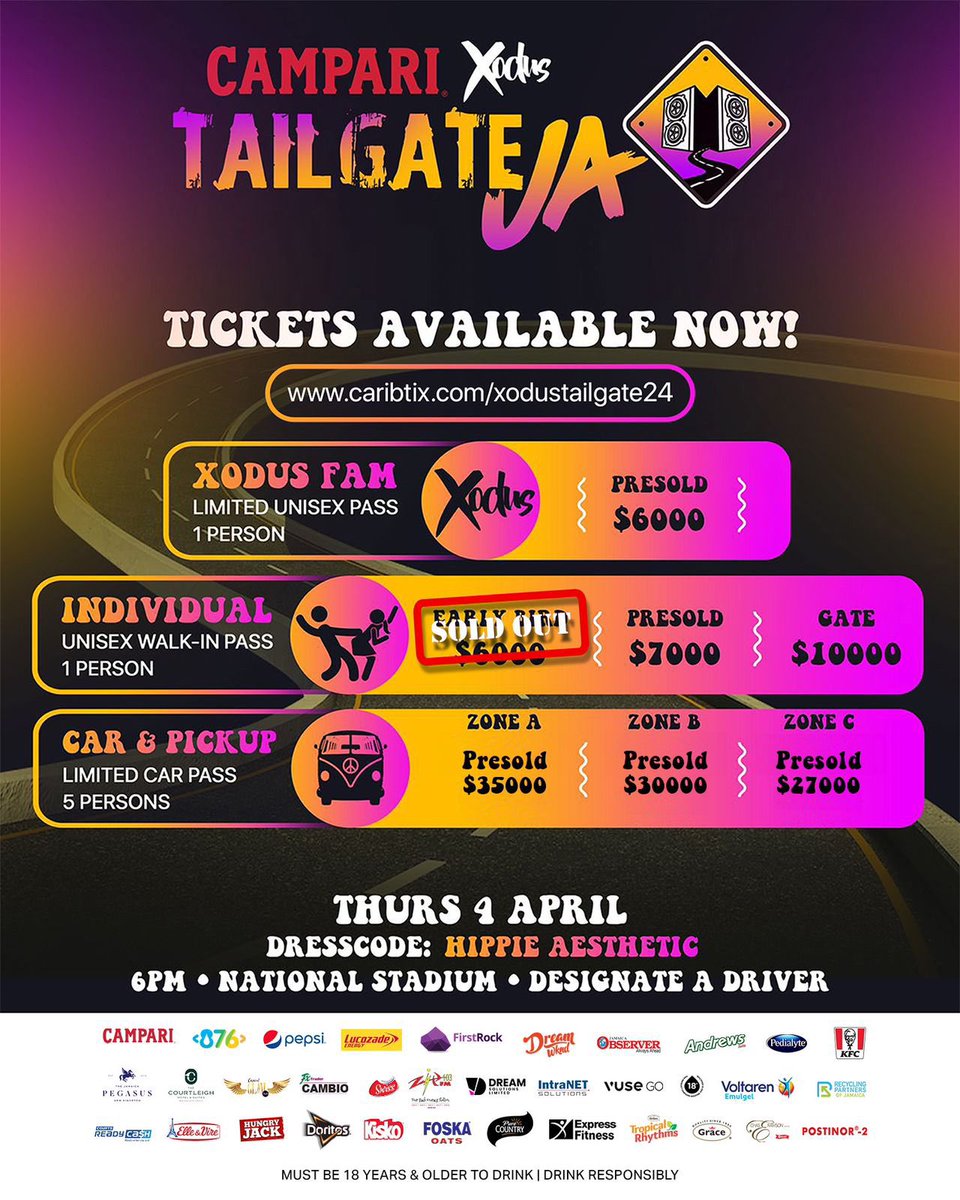 Get ready! 💥

🎟️Tailgate JA tickets are OUT! Doh stick! ⛓️Click the Link in our Bio to get yours today!

👨‍👦Xodus Fam - 1 Person Unisex
🕺🏽💃🏽Individual - 1 Peson Walk In Unisex 
🚗Car &amp; Pick up - 5 Person Car Pass 

Tailgate Jamaica🕺🏽🇯🇲

#XodusCarnival #TeamUpParkUpPeaceOut